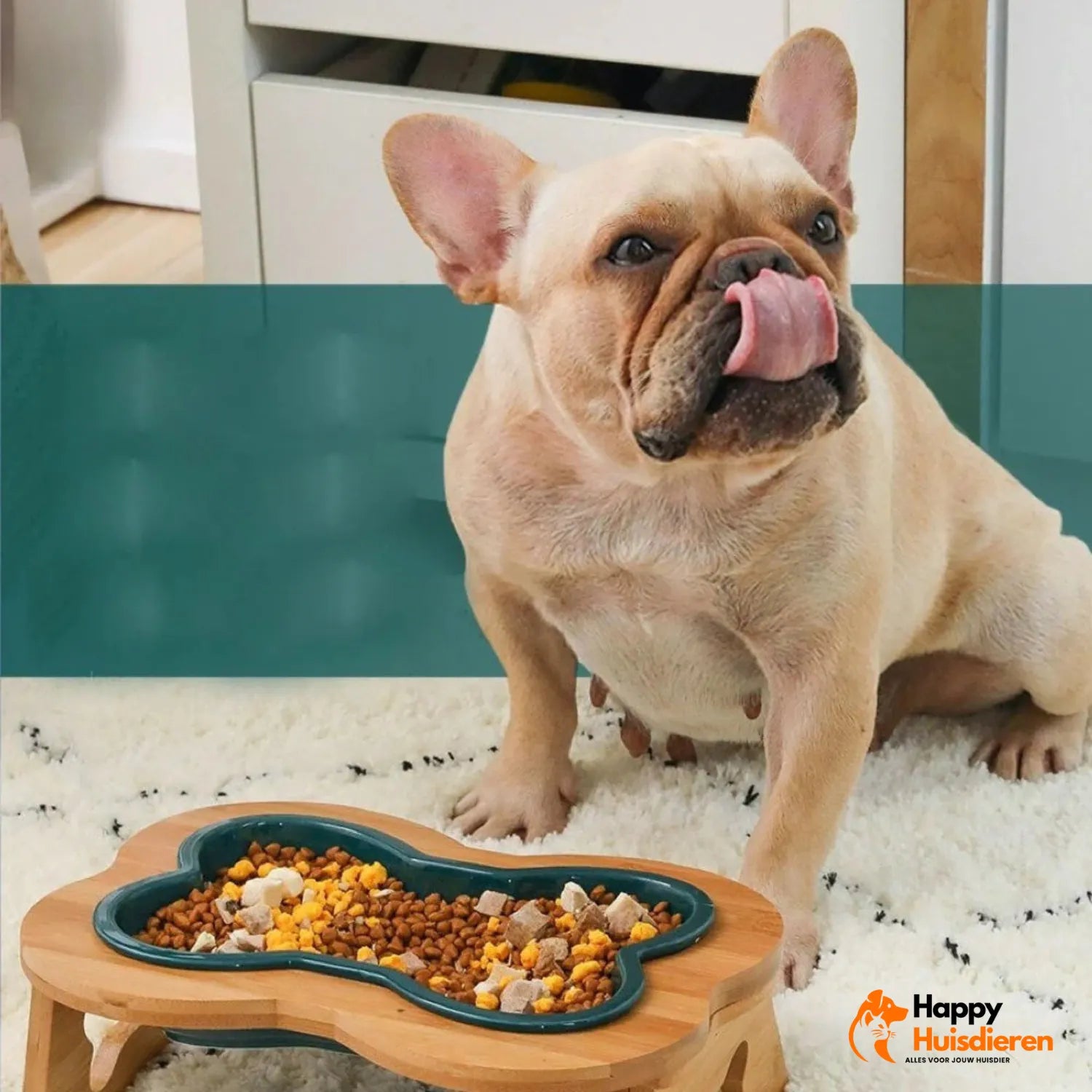BoneFeest Bistro | Verhoogde Keramische Hondenvoerbak met Houten Standaard – Ergonomische Hondeneetbak, Anti-Knoeien & Vaatwasmachinebestendig