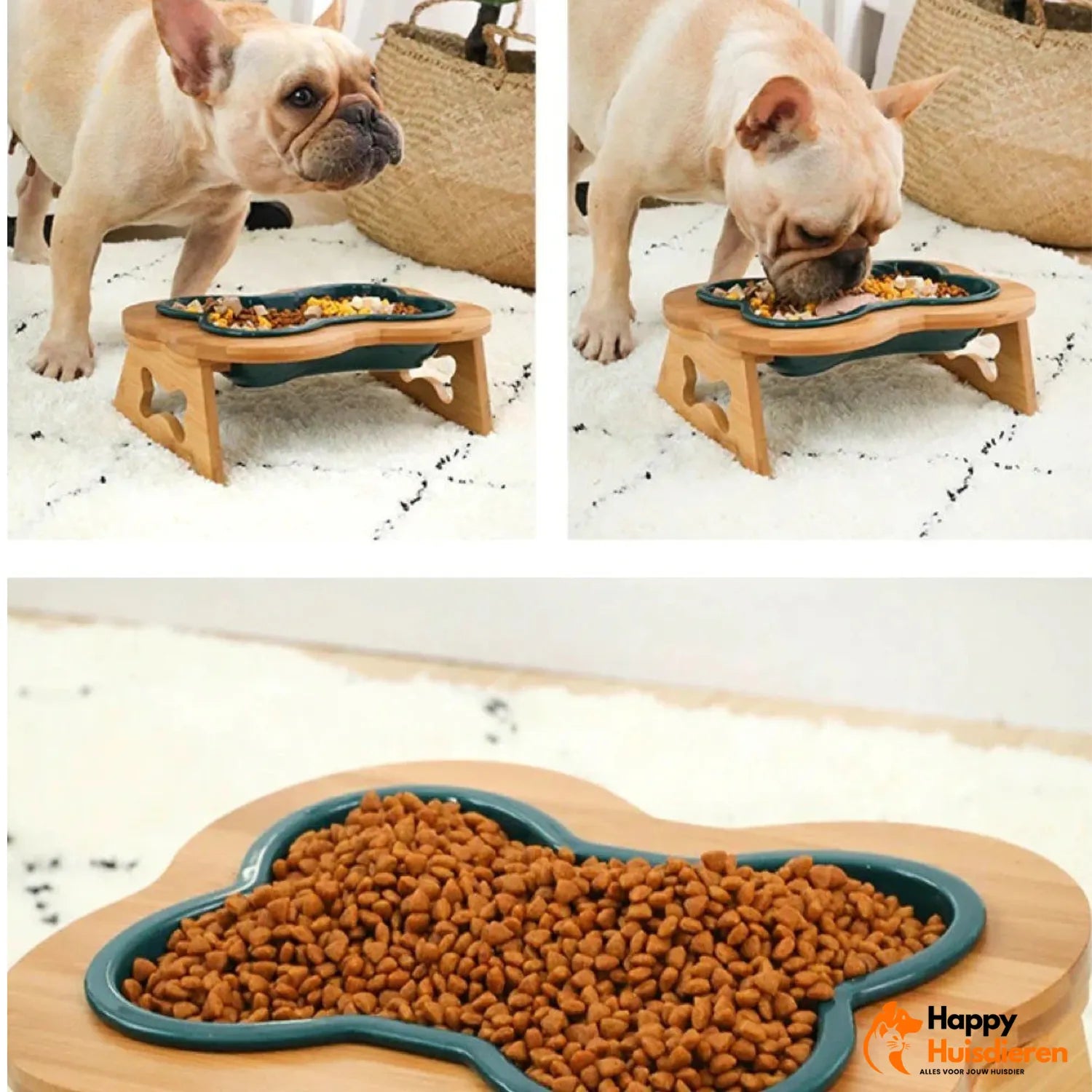 BoneFeest Bistro | Verhoogde Keramische Hondenvoerbak met Houten Standaard – Ergonomische Hondeneetbak, Anti-Knoeien & Vaatwasmachinebestendig