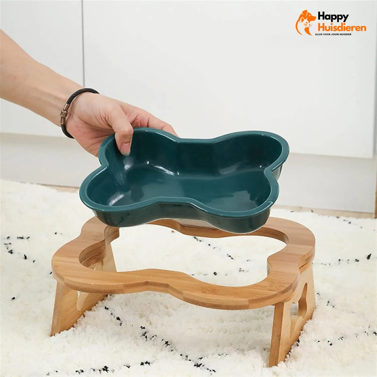 BoneFeest Bistro | Verhoogde Keramische Hondenvoerbak met Houten Standaard – Ergonomische Hondeneetbak, Anti-Knoeien & Vaatwasmachinebestendig