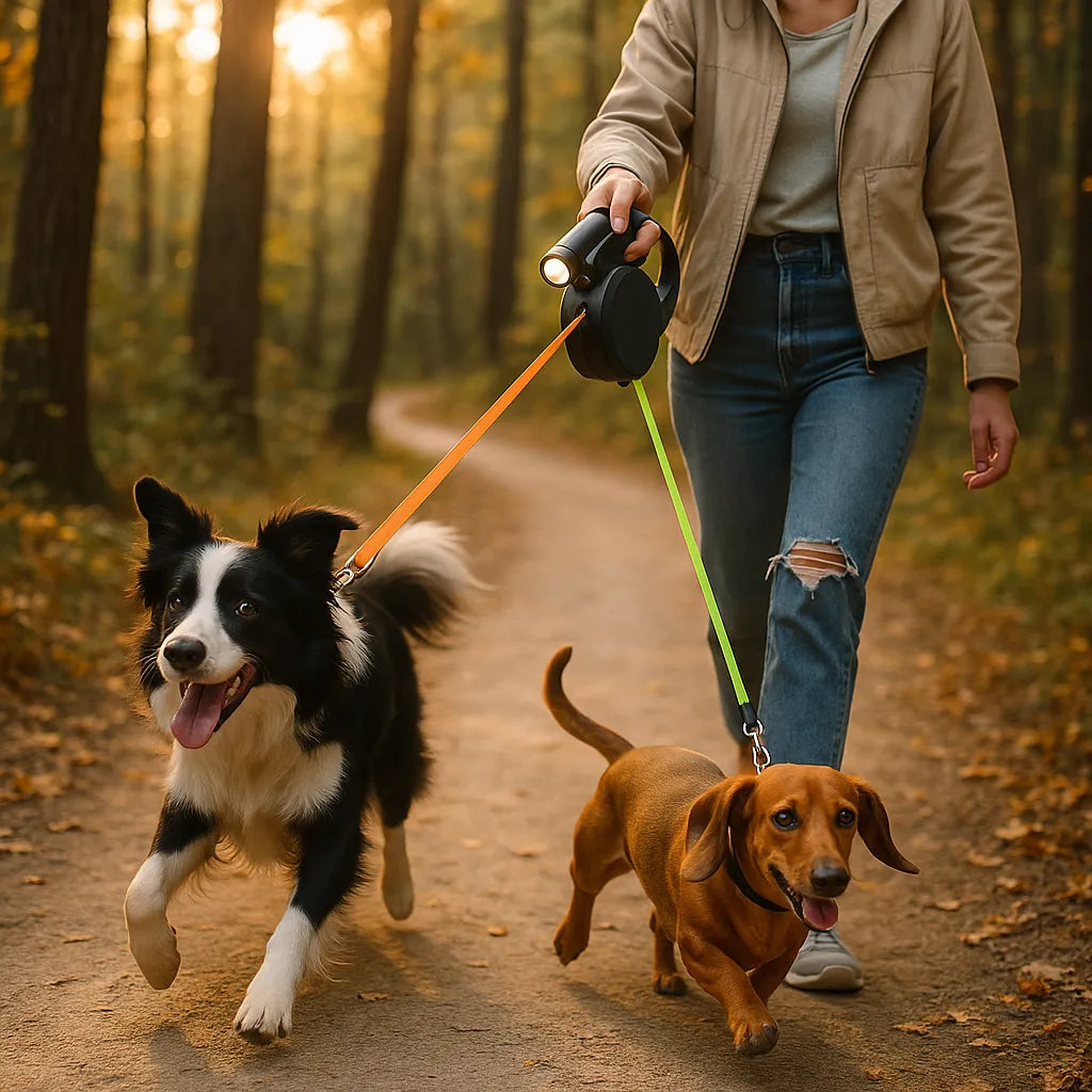 FlexiDuo | Dubbele hondenriem met draaimechanisme en ingebouwde zaklamp