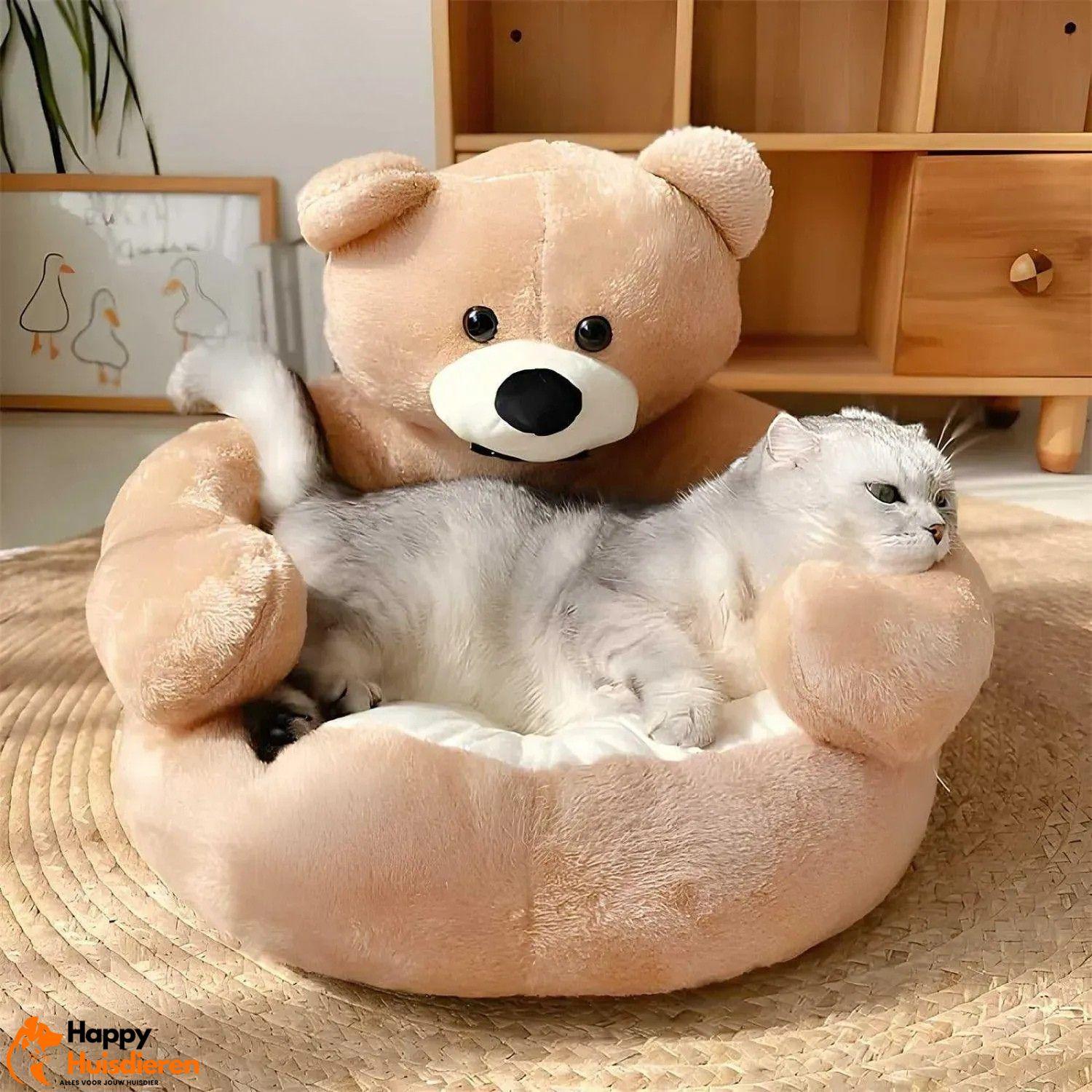 KnuffelNest Beer | Pluche Kattenbed met Afneembare Hoes