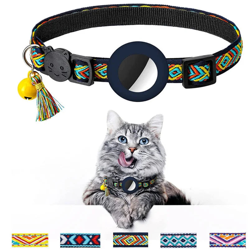 Reflecterende kattenhalsband met geïntegreerde AirTag houder voor veilige buitenavonturen