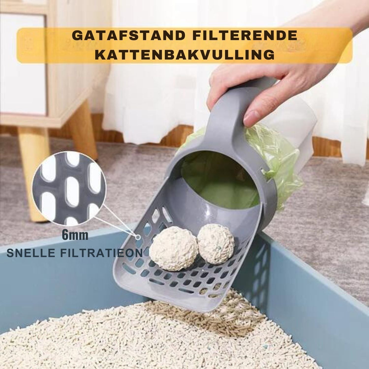 Ergonomische kattenbak schep met opvangbak en vuilniszakrollen voor eenvoudig schoonmaken