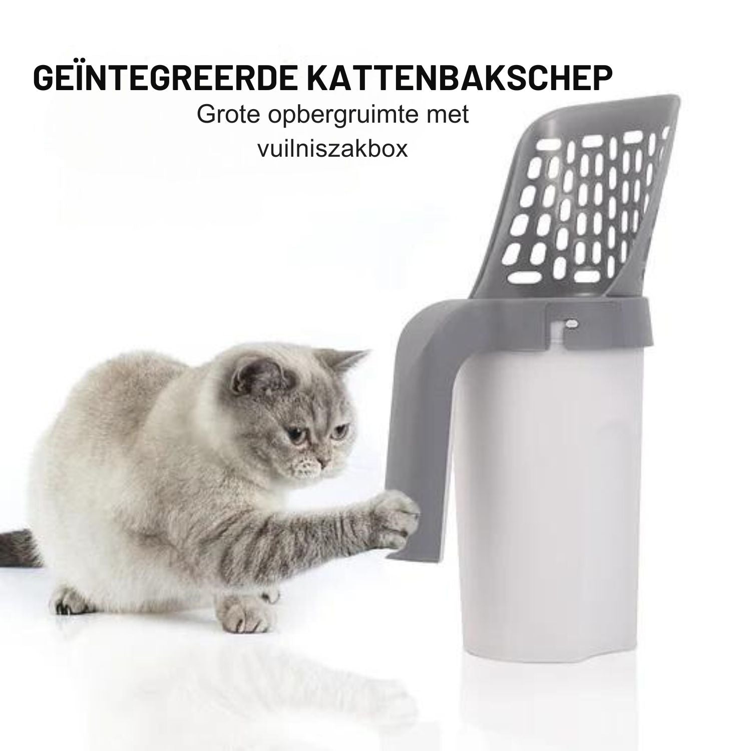 Ergonomische kattenbak schep met opvangbak en vuilniszakrollen voor eenvoudig schoonmaken