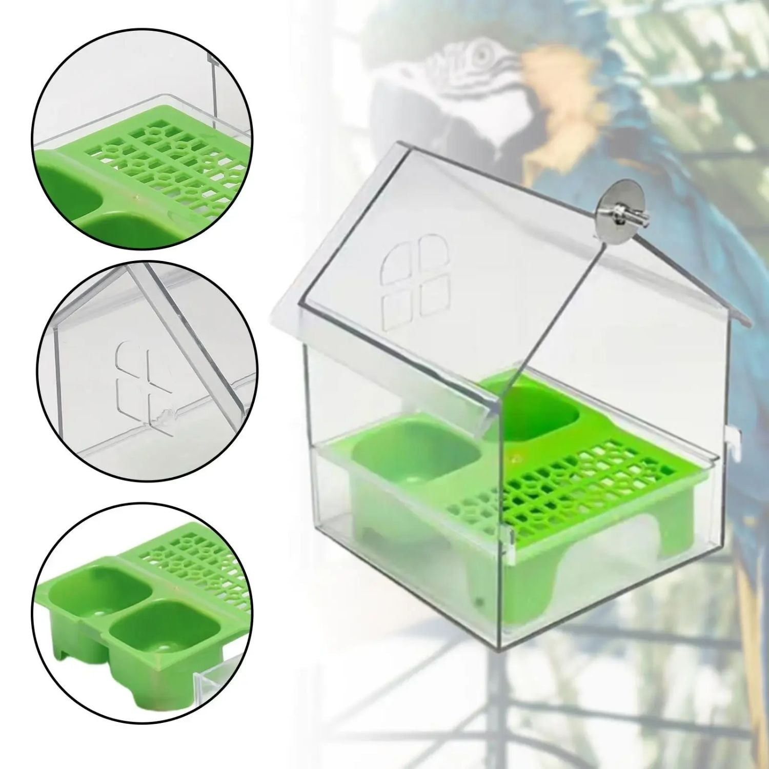 Transparante anti-mors voerbak en badhuis voor vogels, extern gebruik
