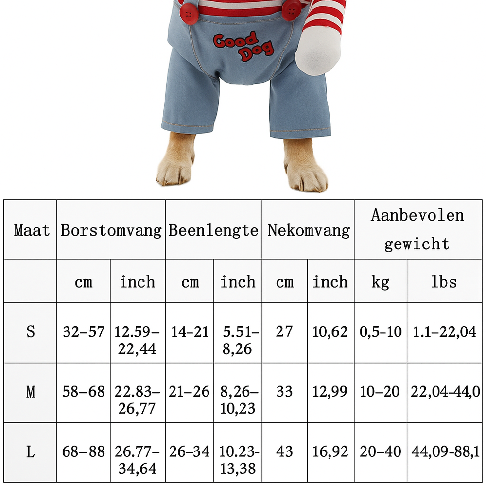 Hondenhorror Kostuum | Grappig Cosplay Chucky Outfit voor Halloween