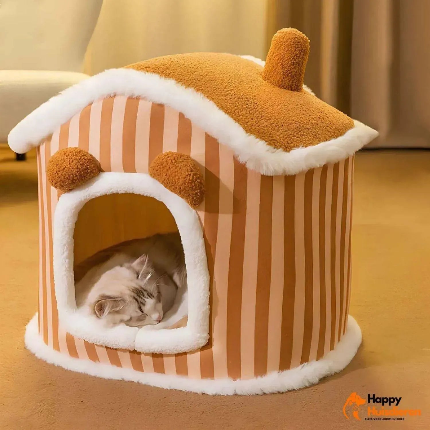 KattenKnus | Warme Semi-gesloten Pluche Kattenhuisje