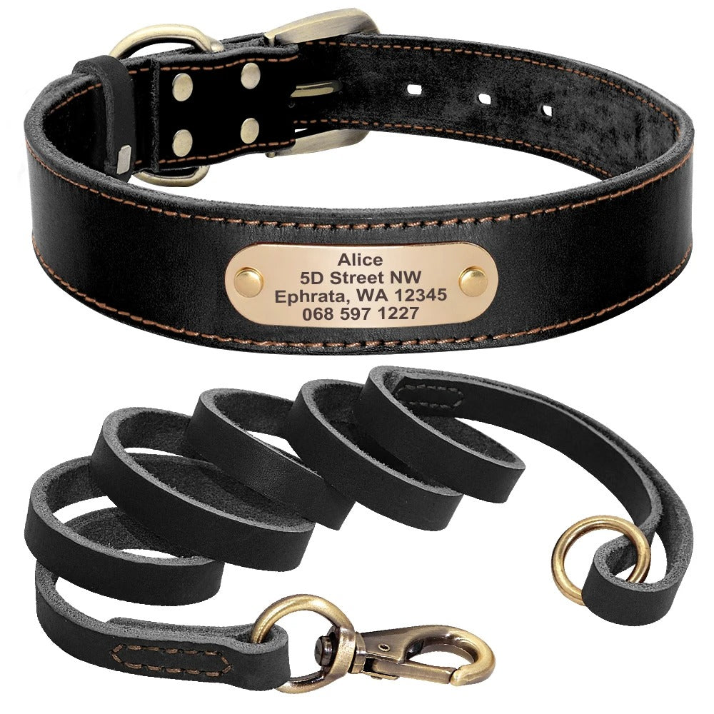 LuxeLeer Halsband & Riem | Gepersonaliseerde Leren Hondenset met Gravure