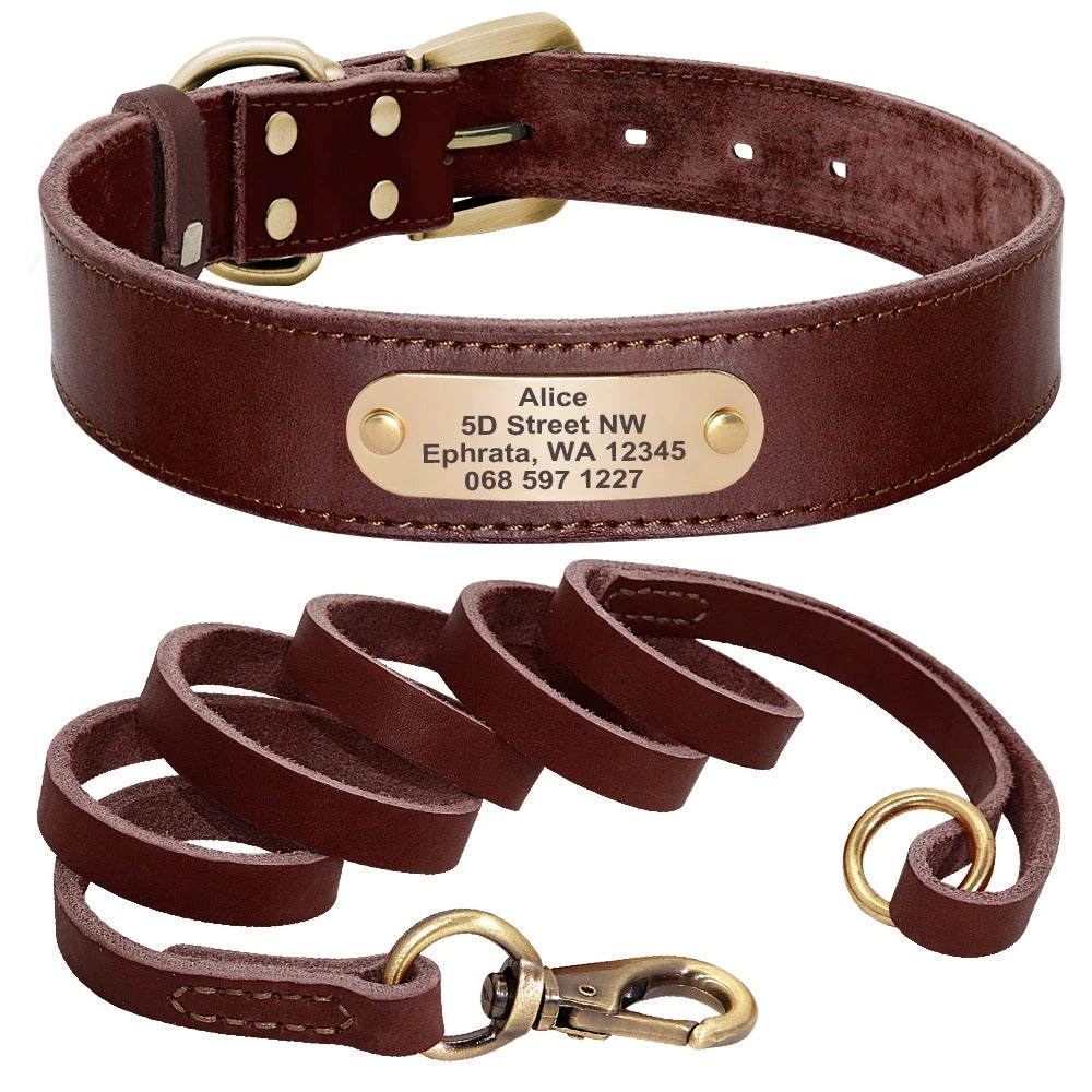 LuxeLeer Halsband & Riem | Gepersonaliseerde Leren Hondenset met Gravure