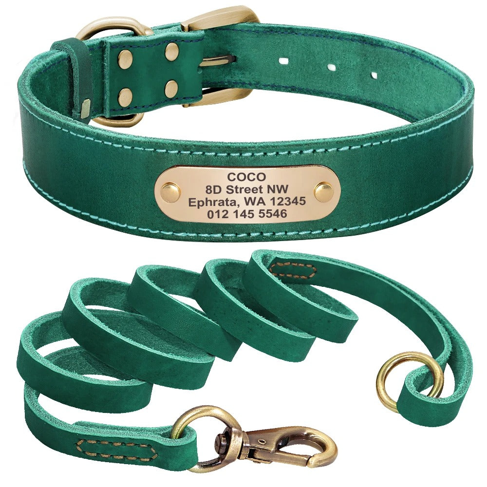 LuxeLeer Halsband & Riem | Gepersonaliseerde Leren Hondenset met Gravure