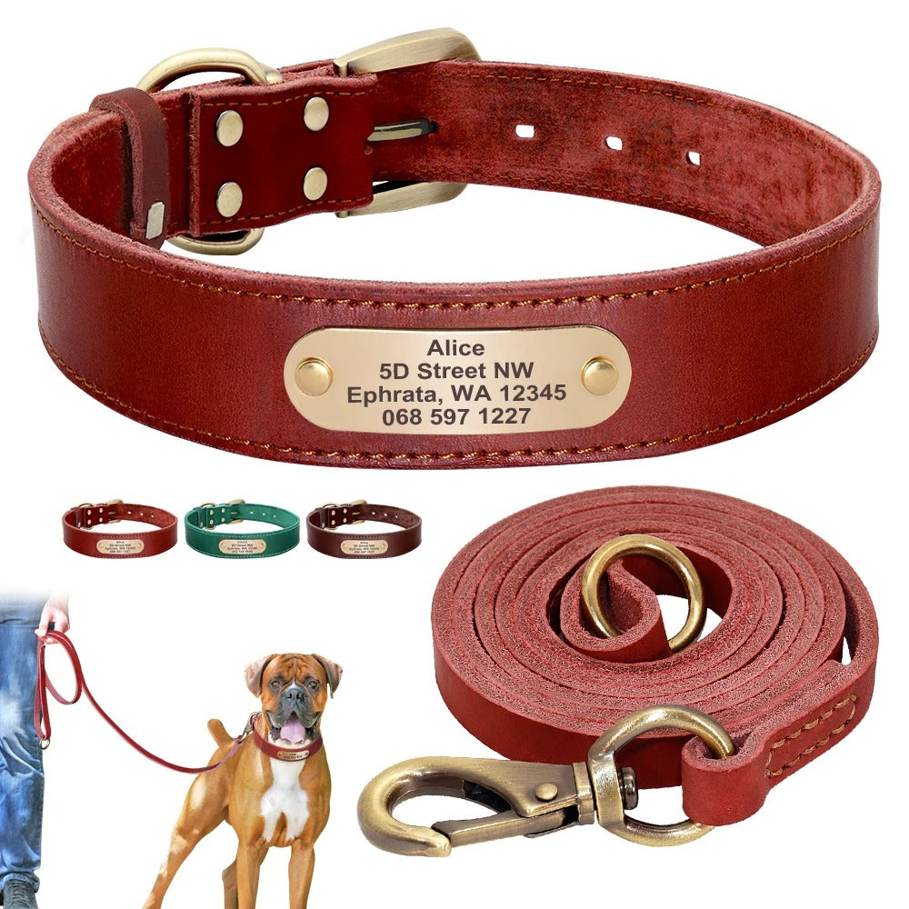 LuxeLeer Halsband & Riem | Gepersonaliseerde Leren Hondenset met Gravure