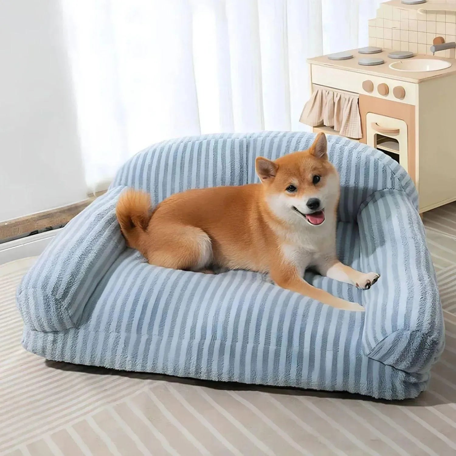 Stijlvolle Dierenlounge | Comfortabel Strak Gestreept Sofa Bed voor Katten & Honden
