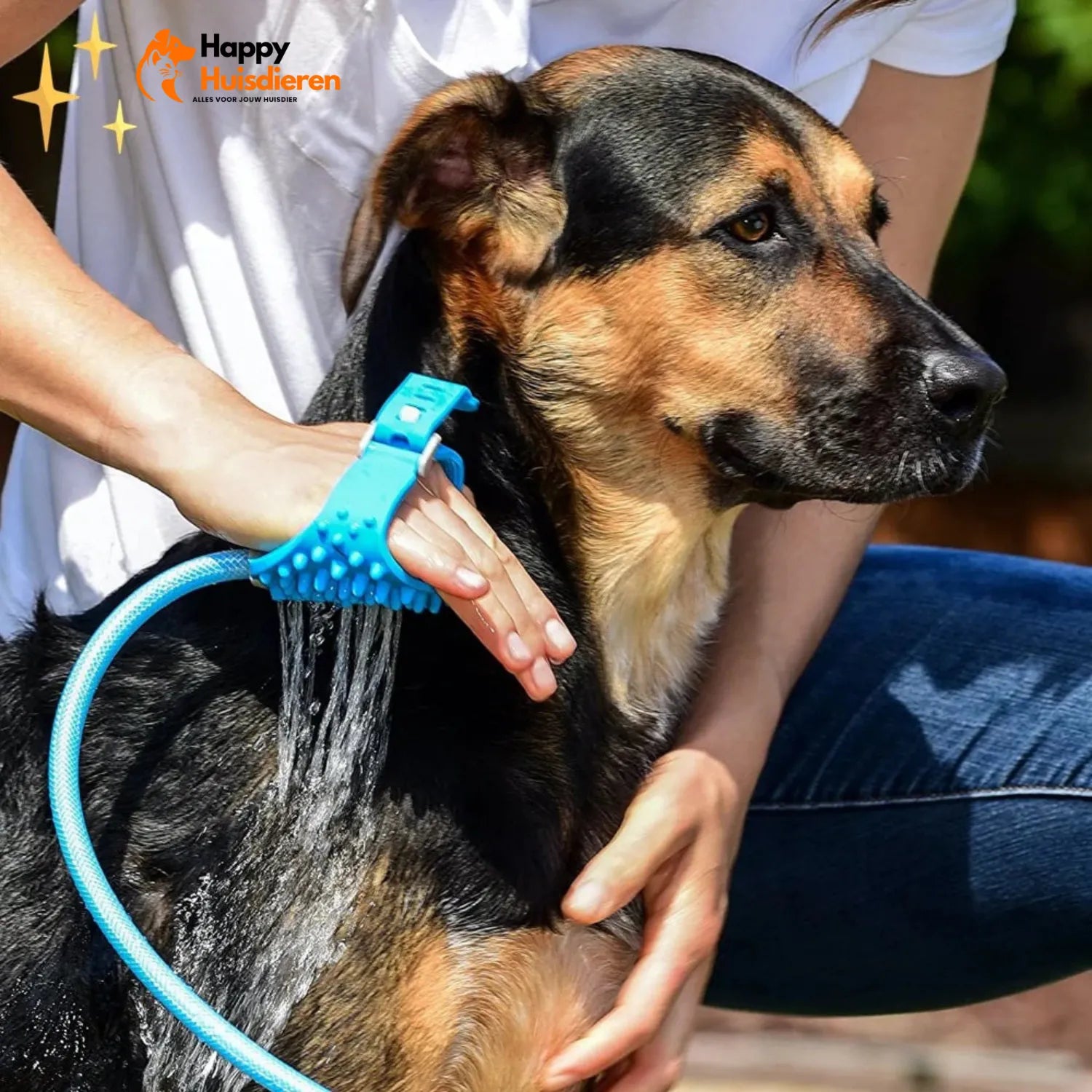 Waterflow Douchehandschoen voor Honden | 2-in-1 Douchekop met Borstel – Tuinslang Aansluiting, Instelbare Waterdruk & Zachte Vachtverzorging
