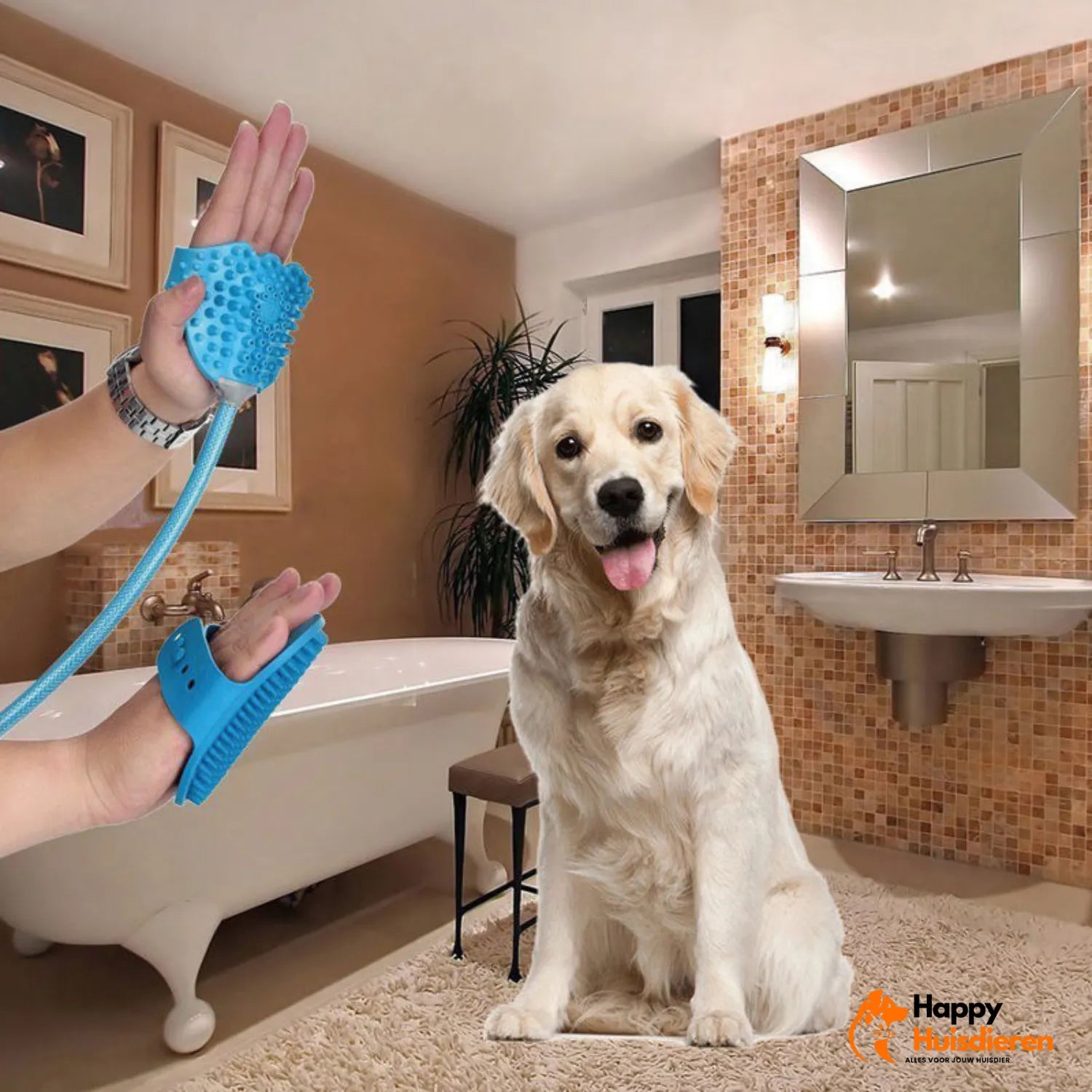 Waterflow Douchehandschoen voor Honden | 2-in-1 Douchekop met Borstel – Tuinslang Aansluiting, Instelbare Waterdruk & Zachte Vachtverzorging