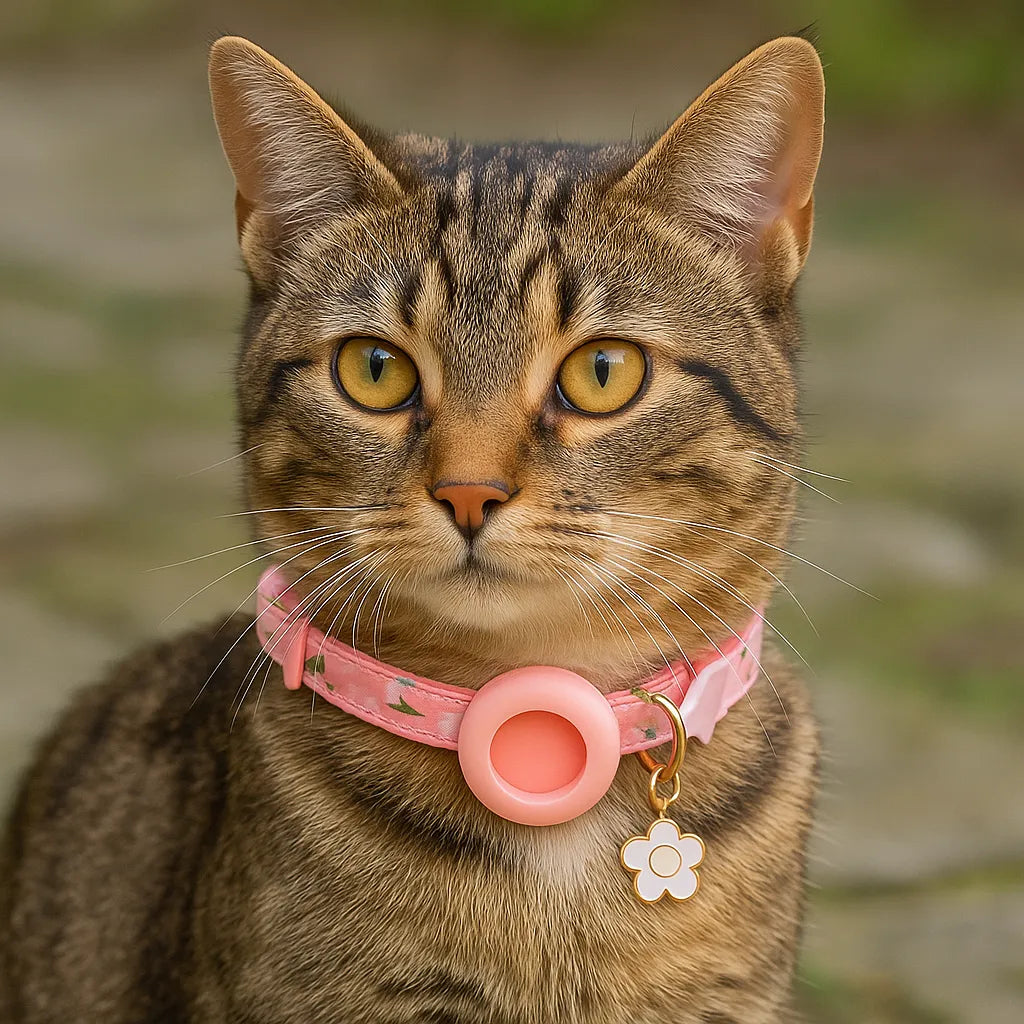Een kattenhalsband met een AirTag houder voor veilig buitengebruik