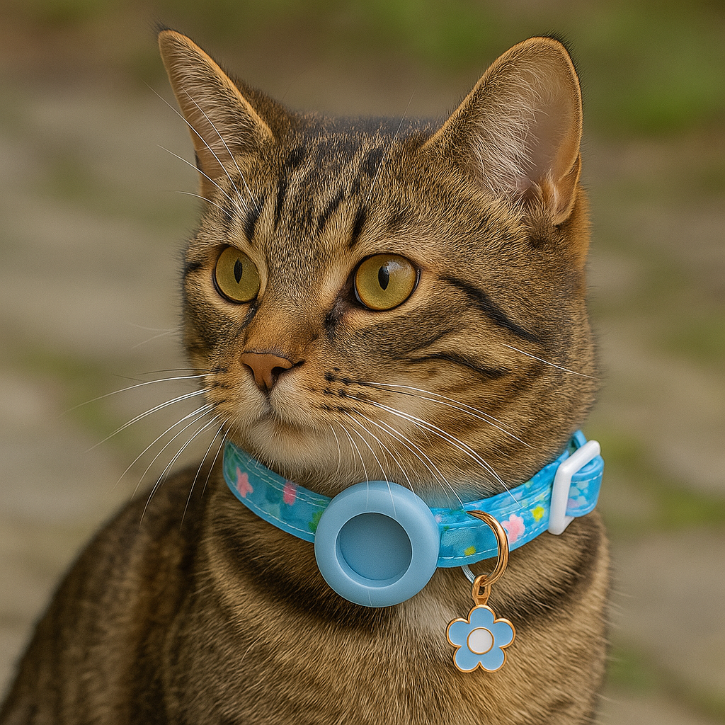 Een kattenhalsband met een AirTag houder voor veilig buitengebruik