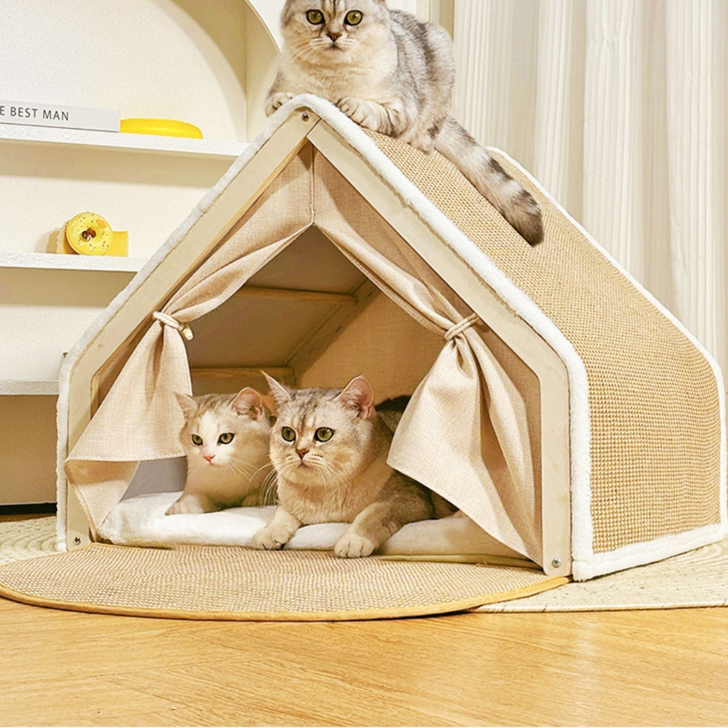 Gezellig kattenhuis met sisal dak voor krabben
