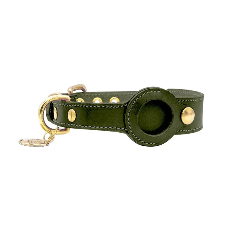 Lederen hondenhalsband met ingebouwde AirTag houder voor veilige wandelingen