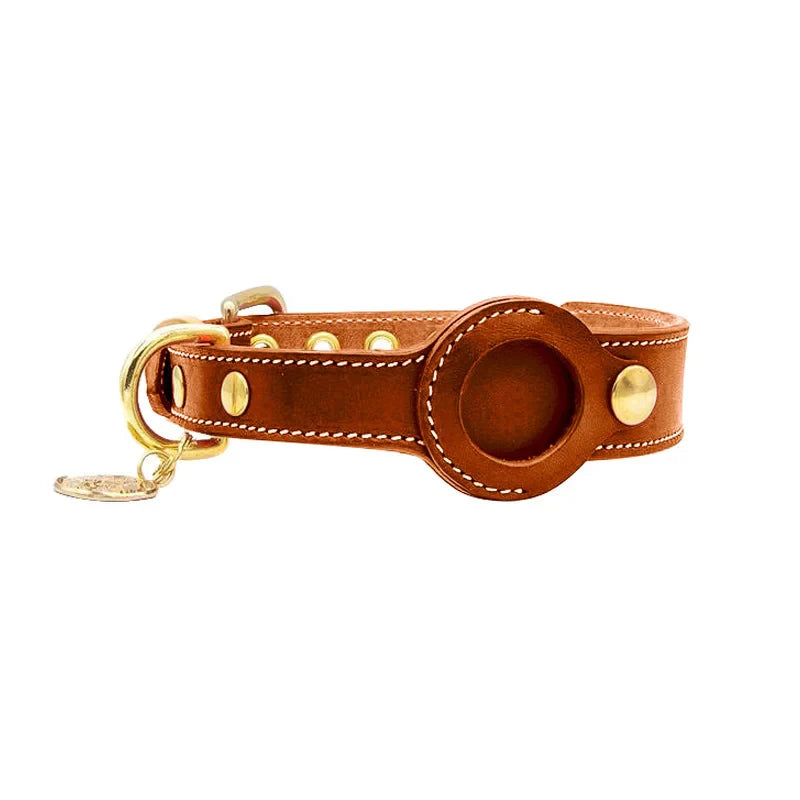 Lederen hondenhalsband met ingebouwde AirTag houder voor veilige wandelingen