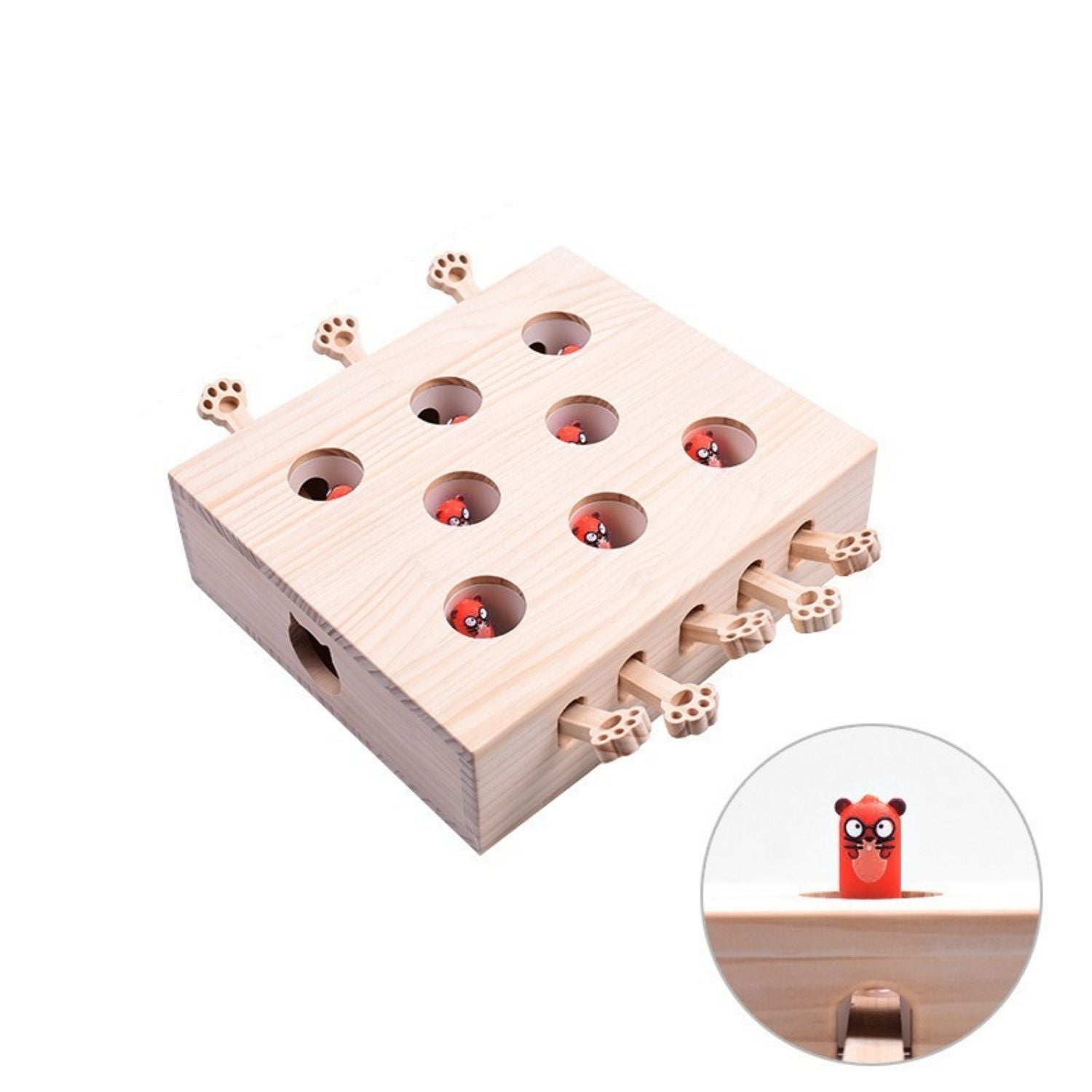 Houten spel voor katten om mollen te slaan als uitdaging
