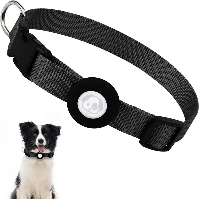 Verstelbare nylon hondenhalsband met AirTag houder voor locatie tracking