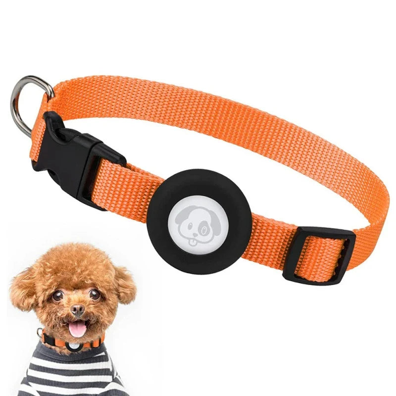 Verstelbare nylon hondenhalsband met AirTag houder voor locatie tracking