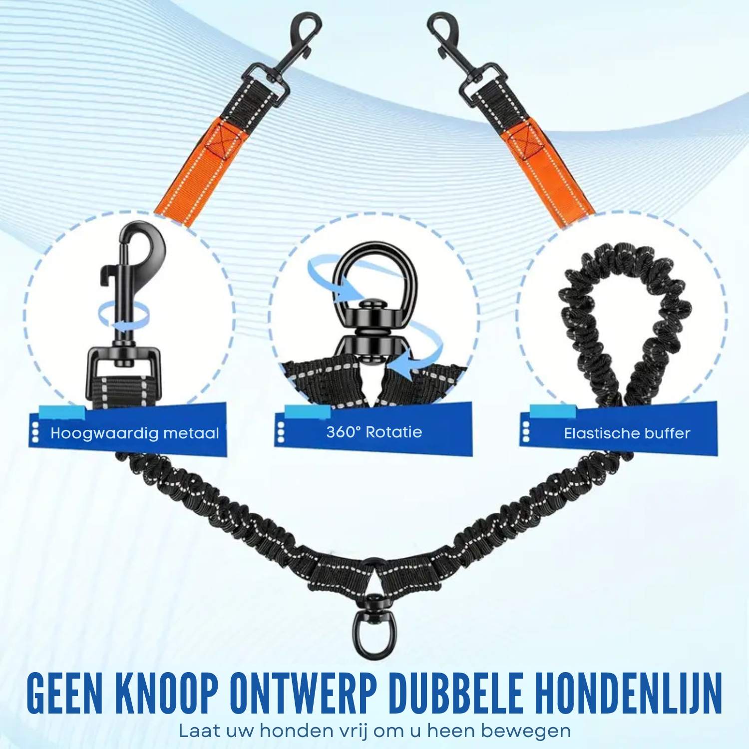 Dubbele hondenriem met klitvrije mechanisme en reflecterend ontwerp voor extra veiligheid