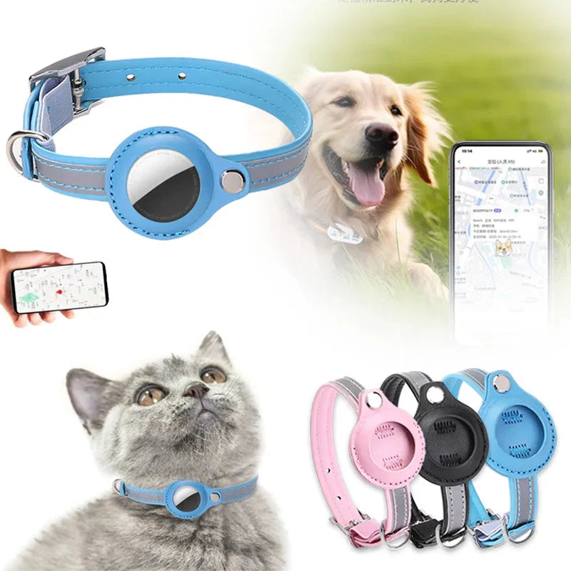 Leren halsband met AirTag houder en reflecterende eigenschappen voor veiligheid